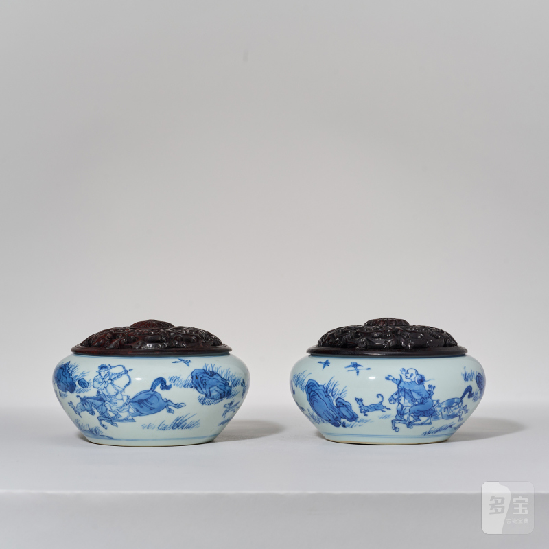 清康熙 青花羌胡出猎图围棋罐一对 - 图5